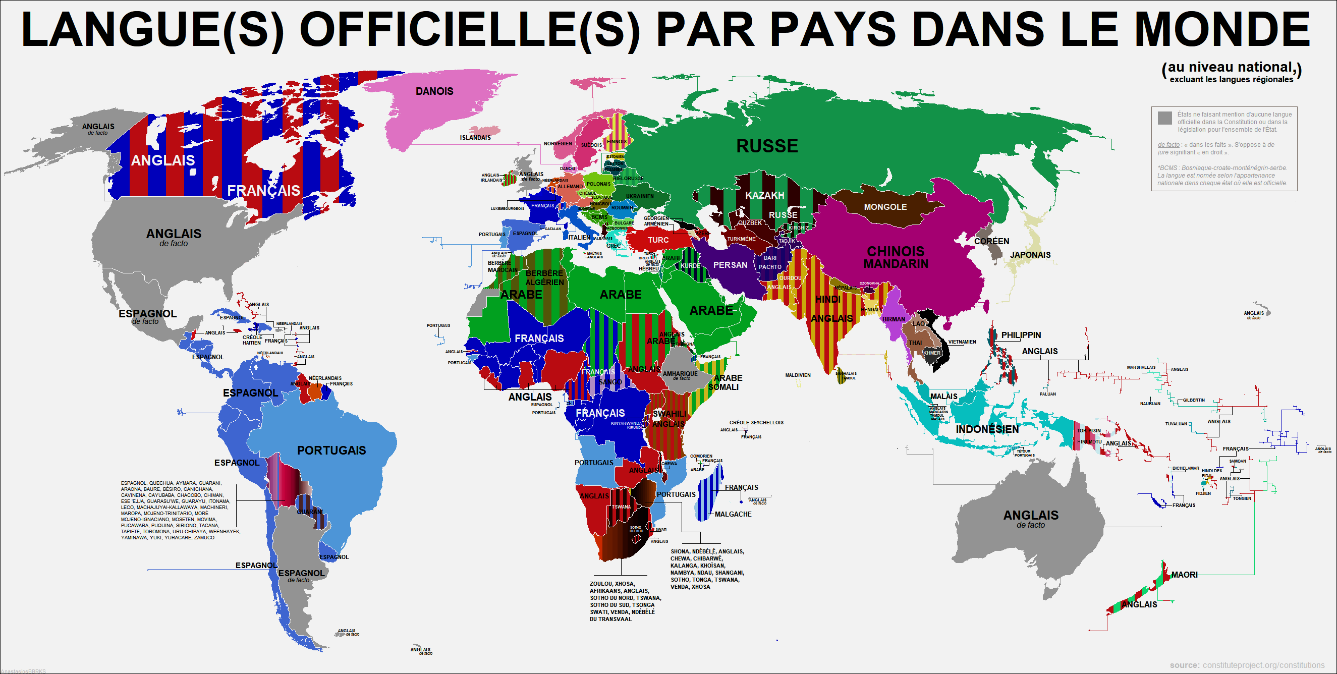 Carte des langues officielles par pays dans le monde